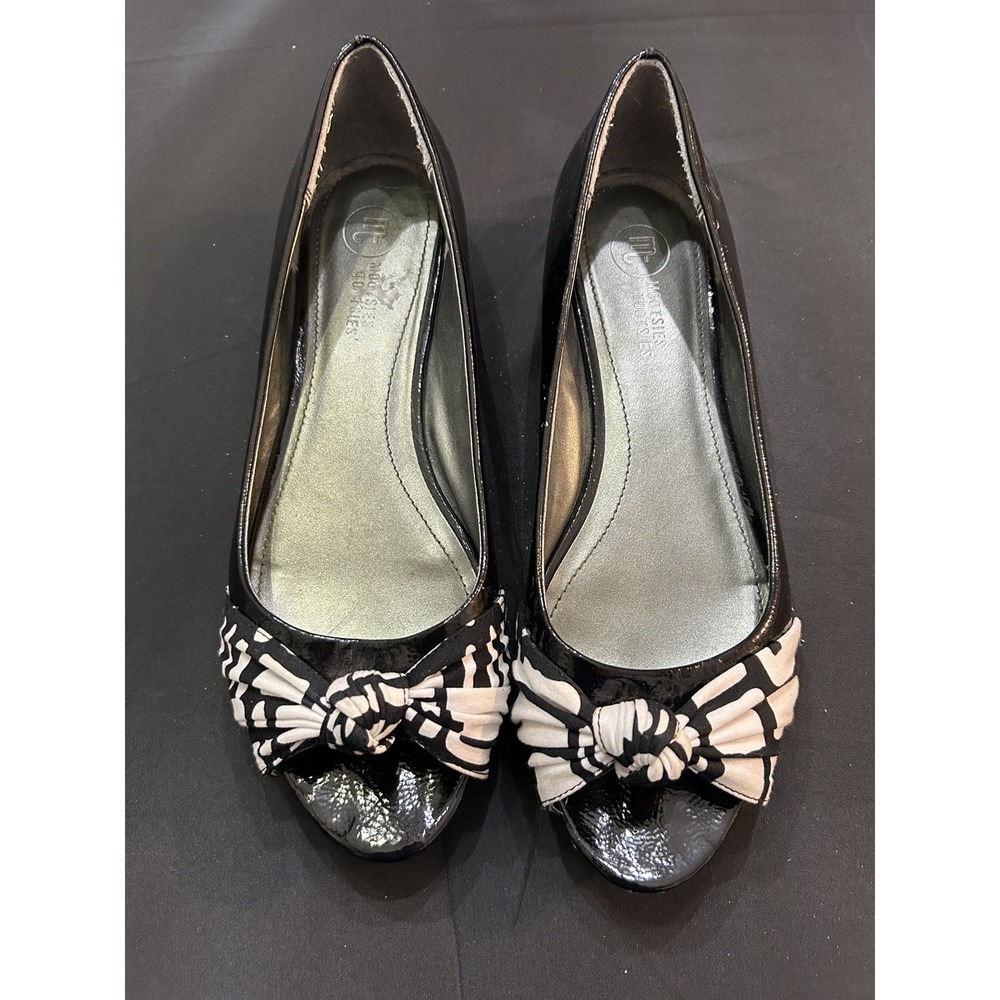 Mootsies Tootsies Womens Black Patent Peep Toe Bow Flats Size 7.5